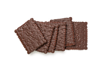 Biscuit Coated in Dark Chocolate Isolated, Square Cookies, Rectangular Shortbread, Crunchy Digestive Cookie