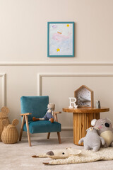 Interior design of kids room with mock up poster frame, round wooden table, blue armchair, plush toys, animal rug, wooden blockers, wicker basket and personal accessories. Home decor. Template.