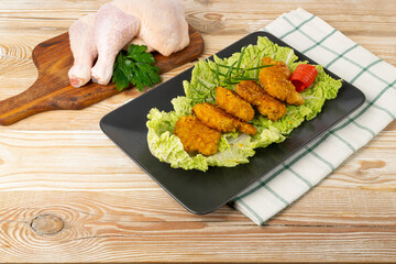 Chicken Strips, Breaded Nuggets on Lettuce, Crispy Fry Chicken Meat with Greens, Crunchy Fillet Pieces