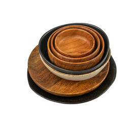 Empty Wood Bowls and Plates Isolated, Wooden Bowl, Black Plate Mockup on White Background Top View,
