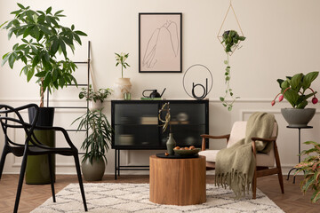 Creative composition of living room interior with mock up poster frame, black sideboard, round coffee table, stylish armchair, plants in flowerpots and personal accessories. Home decor. Template.