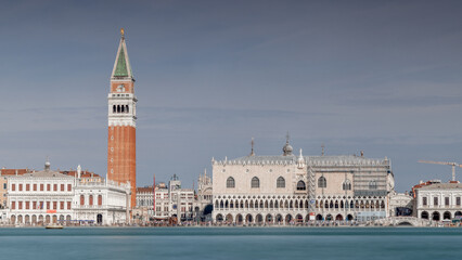 Venice, Italy. European city of Venice, tourist destination famous for canals, gondolas and history.  Looking across the grand canal at St Marks Square, Piazza San Marco
