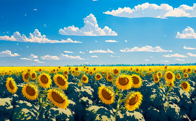 Fototapeta premium Field with sunflowers against the blue sky. Beautiful landscape. Generative AI