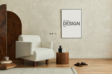 Interior design of living room interior with design armchair, wooden coffee table, mock up poster frame, brown room screen, rug, slippers and personal accessories. Home decor, Template. - obrazy, fototapety, plakaty
