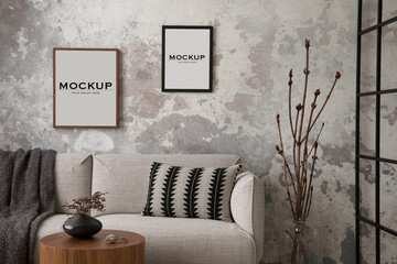 Plakat The stylish compostion at living room interior with design gray sofa, coffee table, plant, hanger, lamp and elegant personal accessories. Loft and industrial interior. Moc up poster. Template. .