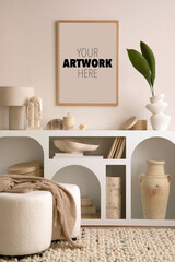 Creative composition of living room interior with white commode, boucle pouf, poster mock up frame,...
