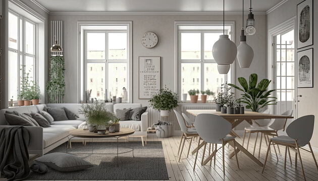 Interior of modern living room and dinner room generative Ai