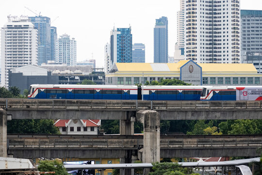 Bangkok-Thailand Sep 25, 2022: BTS Sky train run go to Siam station in day time.