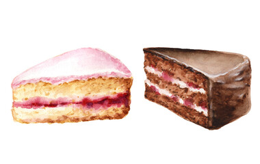Watercolor set of cake pieces in icing