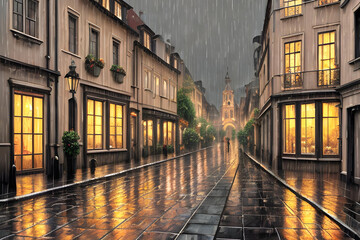 Fototapeta na wymiar An image depicting a rainy London street (a.i. generated)