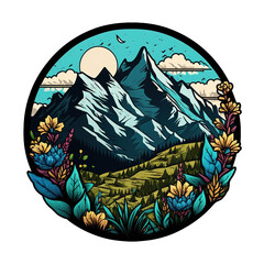 a round sticker design of a mountain landscape with flowers in spring