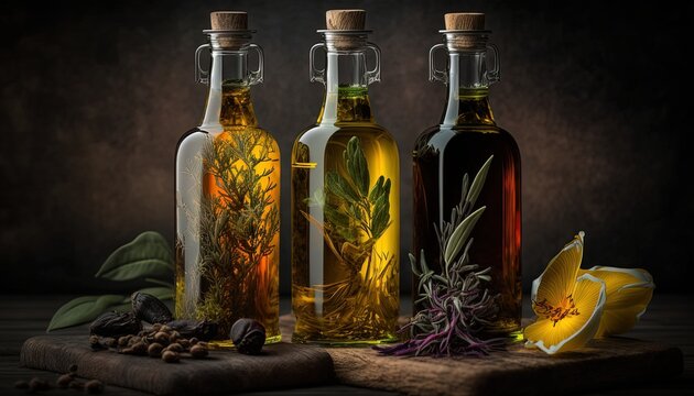 close up herbs and spices infused cooking olive oil, Generative ai