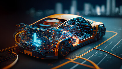 EV electric car system.futuristic car in night with morden light smart city.ai generated images