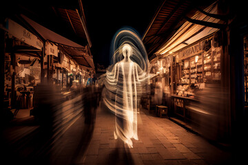 Fototapeta premium luminous ghost and people shopping at night market fair, blur background with bokeh
