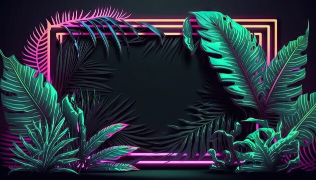 Copy space of tropical nature frame abstract background. Cyberpunk neon tone color style. Generative AI