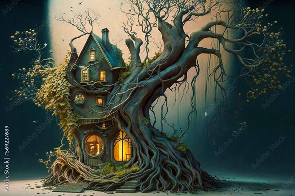Poster surreal, bizarre house in a tree. fictional digital illustration. created with generative ai technol