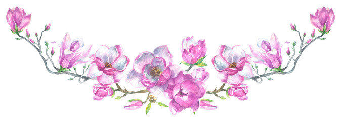 Pink spring magnolia flowers wreath