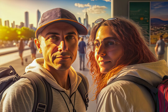 A happy couple visiting New York City, sunset light on the background - Generative AI
