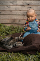 Naklejka premium beautiful 4 month old baby playing with a cat