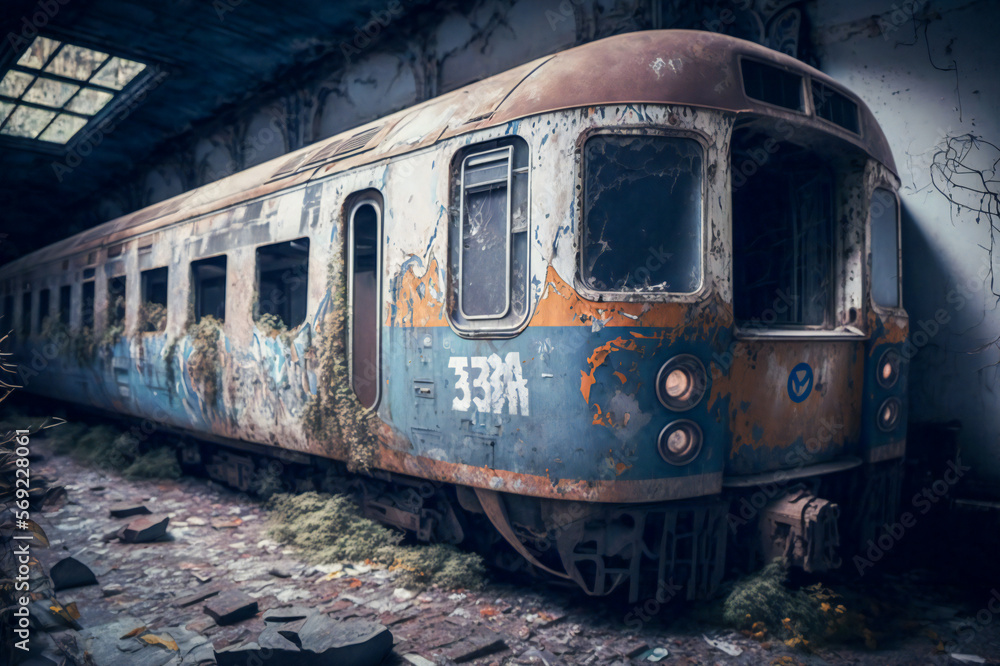Poster abandoned train wreck created with generative ai technology.