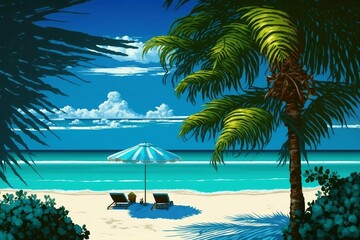 Tropical Paradise: White sandy beach with hammocks and umbrella. Generative AI