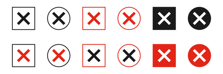 Obraz premium Red cross icon set. Letter X and brush mark icon. Wrong sign, no wrong sign.