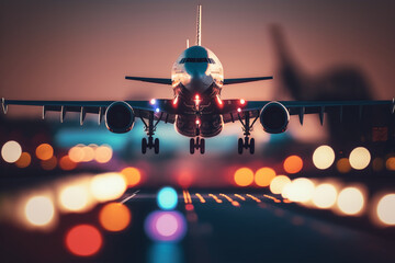 Air travel passenger jet plane taking off or landing on a runway on a pleasant evening. Generative AI - obrazy, fototapety, plakaty