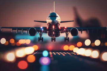 Fotobehang Air travel passenger jet plane taking off or landing on a runway on a pleasant evening. Generative AI © MrWizard