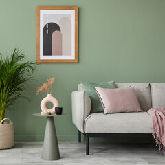Stylish composition of modern living room interior. Mock up poster frame, wooden shelf, modern sofa...
