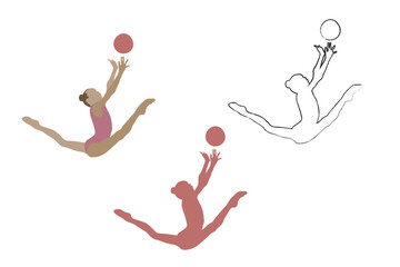 The silhouette of a gymnast who catches a ball in a jump. In twine