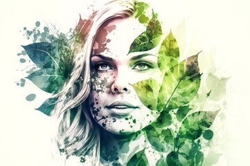 Portrait of a beautiful young woman with green leaves around her head. Spring , freshness, healthy lifestyle concept. Fictional character.  Created with Generative AI technology.