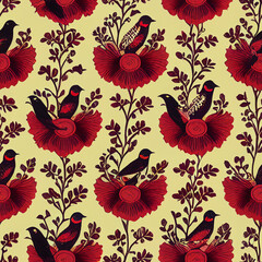 seamless pattern with flowers and birds