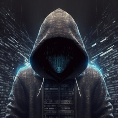 Hacker with the hoodie and digital symbols on black background.Created with generative AI technology