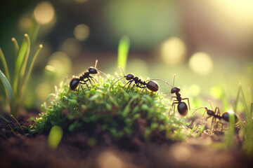 Plakat Group of ants in the grass. Ants foraging. Soft focus. 
