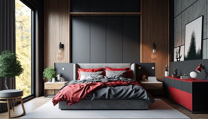 Modern interior bedroom with elegant black and red color. generative Ai.