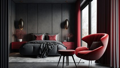 Modern interior bedroom with elegant black and red color. generative Ai.