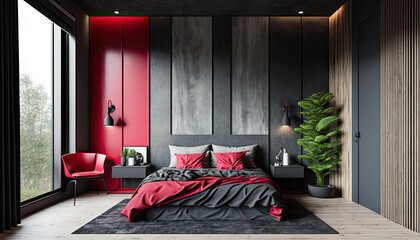 interior bedroom with elegant black and red color. generative Ai