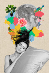3d retro creative artwork template collage of charming lady sleeping watching wonderful dreams isolated painting background