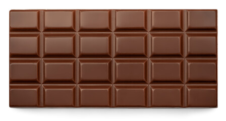 Dark Milk chocolate bar isolated on white background. Flat lay, top view. Sweet chocolate food...