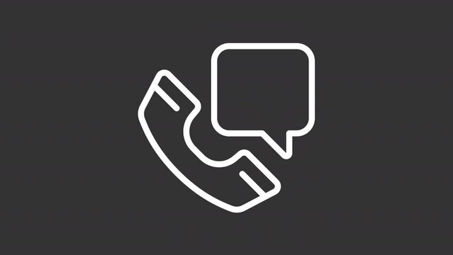 Animated missed call white line icon. Handset with chat box. Loop HD video with chroma key, alpha channel on transparent background, black solid background. Outline motion graphic animation