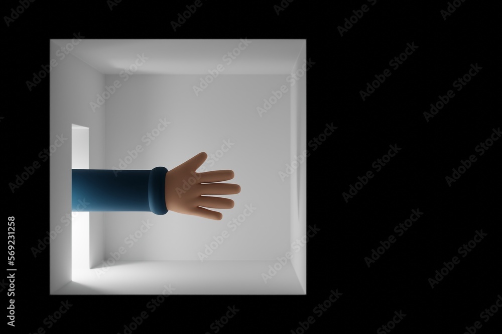 Wall mural cartoon style hand reaching in to empty room from open door with bright light. 3d rendering illustra