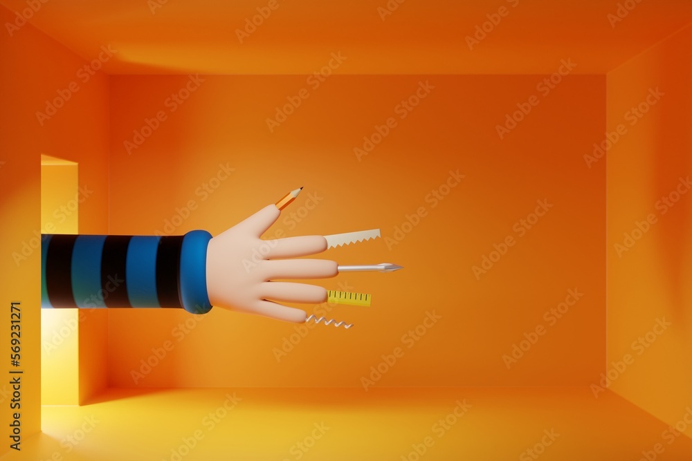 Wall mural cartoon style hand with different tools on fingers reaching in to empty room from open door with bri