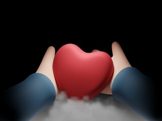 Hands holding heart. Cartoon style conceptual love or valentines day illustration. 3d rendering illustration