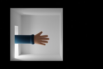 Cartoon style hand reaching in to empty room from open door with bright light. 3d rendering illustration