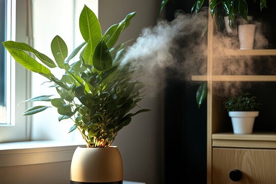 On a sunny shelf in the house is a humidifier with steam rising from it and a decorative zamioculca plant. Generative AI