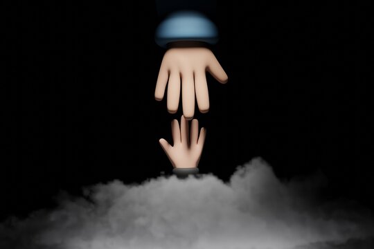 Hand Of Child Coming Out From Cloud For Reaching On Adult Hand. Conceptual Illustration Of Helping Small People.