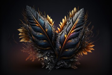  an artistic image of a pair of feathers with a black background and a yellow and blue feather on the left side of the image, and a black background with a.  generative ai