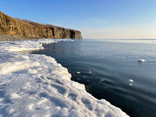 View of Cape  Vyatlina on Russkiy Island in Vladivostok in winter. Russia