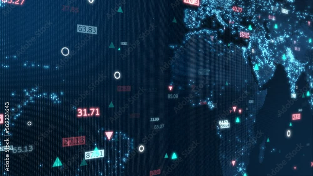 Poster digital animation camera movement through 3d space with a world map and data analyzing.