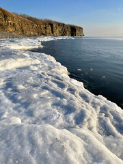 View of Cape  Vyatlina on Russkiy Island in Vladivostok in winter. Russia